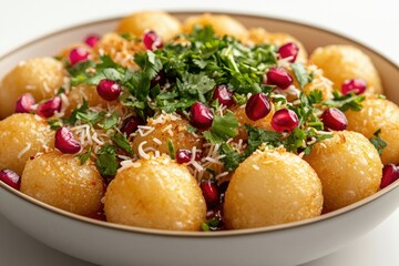 Golden fried potato balls, topped with fresh cilantro, pomegranate seeds, and shredded coconut.