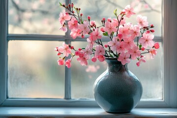 Delicate pink cherry blossoms in a vase by a window, a serene spring scene.
