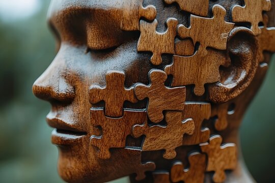 Puzzle Piece Wooden Sculpture of Human Face - Concept of Identity and Wholeness