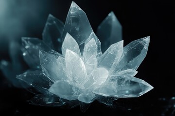 A cluster of translucent, teal crystals, forming a stunning, flower-like structure.