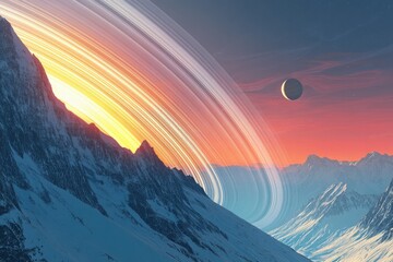 A breathtaking alien landscape featuring snow-capped mountains under a vibrant sunset with prominent planetary rings and a crescent moon.