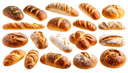 Assorted freshly baked bread rolls and loaves with various textures, crusts, and toppings isolated on solid white background 