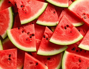 Kawałki soczystego, dojrzałego arbuza ułożone warstwami jeden na drugim