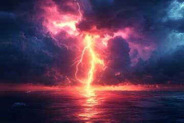 Dramatic Ocean Storm with Lightning During Sunset - A Majestic Weather Phenomenon
