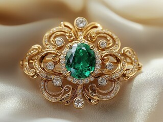Obraz premium Jewelry with gemstones modern brooch with Spanish Emerald on a beige background