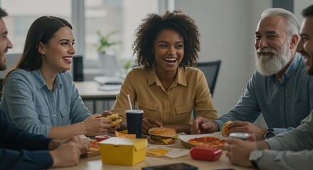 Group of coworkers enjoying a lunch break with pizza and burgers in a bright office setting together