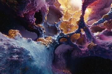Abstract cosmic landscape with vibrant purple, gold, and blue hues, depicting a porous, cavernous structure.
