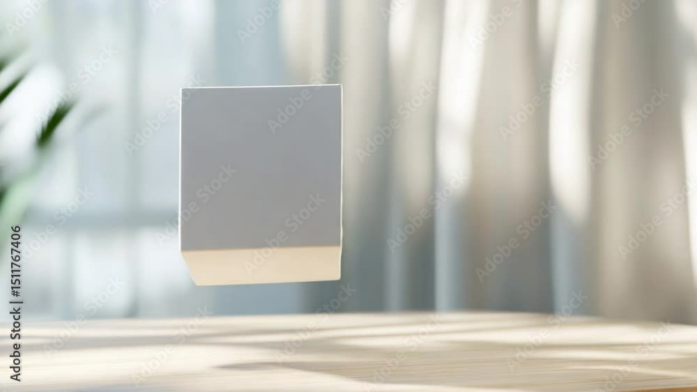 Poster minimalist floating cube with soft light and shadows on wooden surface.