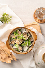 Fried Loofah gourd with Clam, Taiwanese homemade local food.