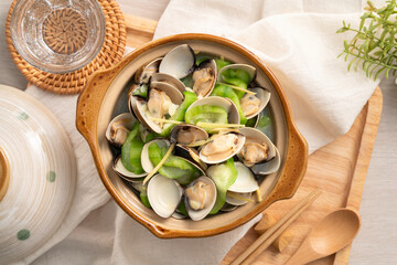 Fried Loofah gourd with Clam, Taiwanese homemade local food.