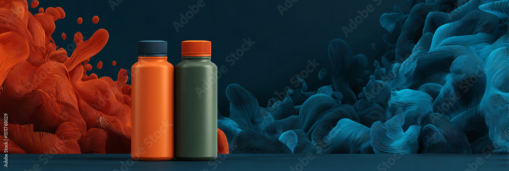Poster two bottles on a dark surface with abstract orange and blue shapes in the background creating a cont