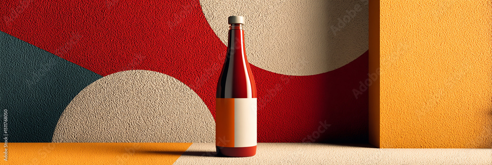 Poster a bottle with a blank label stands against a backdrop of colorful shapes and textured walls in a stu