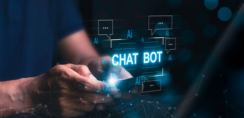 Chatbot service concept, automation technology of virtual assistant software and CRM, customers use online services with chatbots to get support on laptops and smartphones.