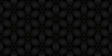 Colorful vector geometric seamless pattern with floral silhouette, curved lines. Repetitive texture.