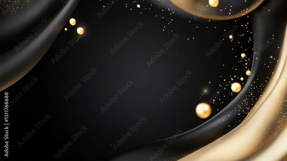 Poster luxurious abstract background with gold and black fluid waves and floating spheres.