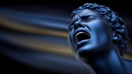 Sculptural blue head screaming with motion blur effect