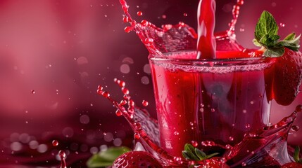 Vibrant red smoothie splashing from glass