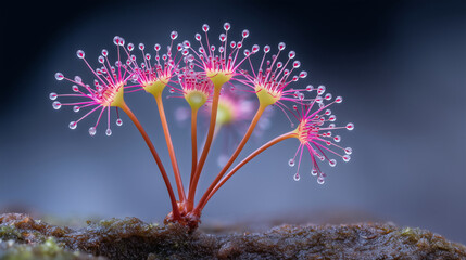 Close-up of moss sporophytes with dew droplets on blurred background