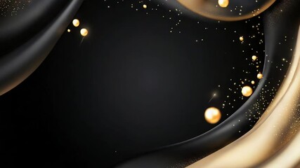 Luxurious abstract background with gold and black fluid waves and floating spheres.