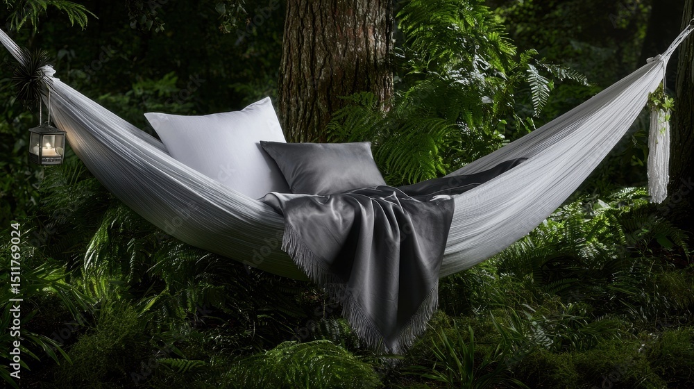 Aufkleber a hammock with a gray blanket and pillows in a lush forest.