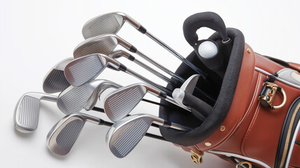 Stylish golf bag with clubs arranged neatly on the white background