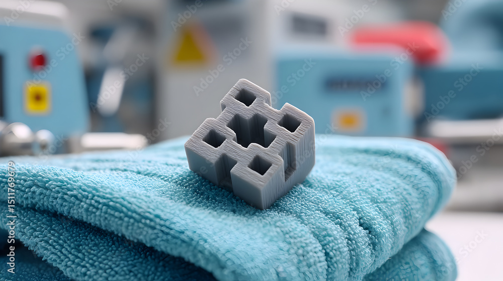 Poster a close-up image showcases a small geometric shape sitting on a blue towel, with a blurred backgroun
