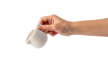 Small glass bottle with a pouring pattern. The glass bottle is a cloudy white color with a hand holding it on transparent background.