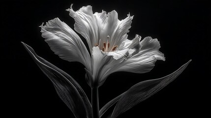 against a solid black background, a captivating close up presents a flower with delicate petals