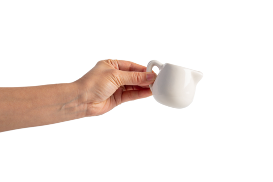 Small glass bottle with a pouring pattern. The glass bottle is a cloudy white color with a hand holding it on transparent background.
