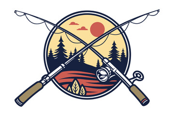 Stylized fishing camp logo with crossed fishing rods and sun