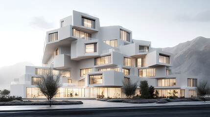 Fototapeta premium Modern White Building Exterior with Geometric Design, Textarea