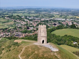 Glastonbury Tor Somerset England  Summer's day blue sky  drone,aerial