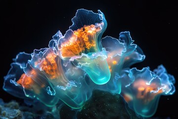 Bioluminescent deep-sea creatures glowing with vibrant orange and teal hues.