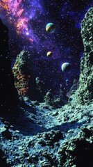 A vivid fantasy space illustration featuring a beautiful galaxy with planets, asteroids, and stars against a colorful nebula background, showcasing celestial scenes in deep space with vibrant purple, 