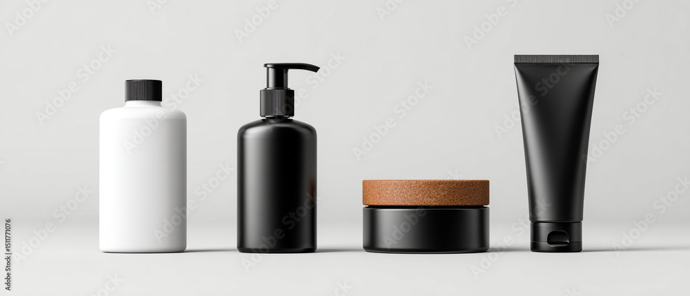 Poster assortment of cosmetic containers in black and white on a plain background in a studio setting