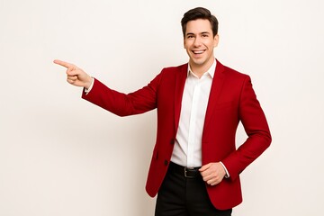 Confident Man in Red Blazer Giving Presentation on White Background