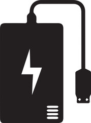 Black power bank with different charge cable icon vector, Portable battery. Energy source. Pocket charging gadget.