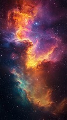 A vivid fantasy space illustration featuring a beautiful galaxy with planets, asteroids, and stars against a colorful nebula background, showcasing celestial scenes in deep space with vibrant purple, 