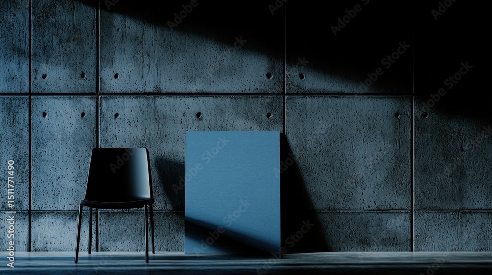Poster a black chair sits in front of a blue wall with a large rectangular object leaning against it.