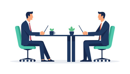 Business Meeting Illustration with Two Professionals Sitting at a Table in a Modern Office Setting