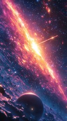 A vivid fantasy space illustration featuring a beautiful galaxy with planets, asteroids, and stars against a colorful nebula background, showcasing celestial scenes in deep space with vibrant purple, 