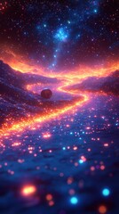 A vivid fantasy space illustration featuring a beautiful galaxy with planets, asteroids, and stars against a colorful nebula background, showcasing celestial scenes in deep space with vibrant purple, 