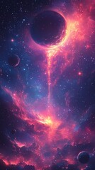 A vivid fantasy space illustration featuring a beautiful galaxy with planets, asteroids, and stars against a colorful nebula background, showcasing celestial scenes in deep space with vibrant purple, 
