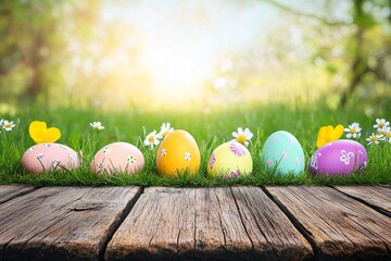 Easter day, wooden table on a background with eggs in the lawn on a sunny day