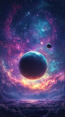 A vivid fantasy space illustration featuring a beautiful galaxy with planets, asteroids, and stars against a colorful nebula background, showcasing celestial scenes in deep space with vibrant purple, 