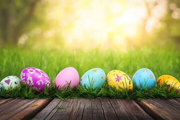 Easter day, wooden table on a background with eggs in the lawn on a sunny day