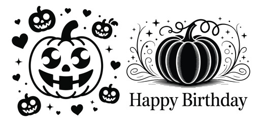Black and white vector illustration of an abstract Halloween pattern with a spooky skull