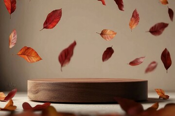 Natural wood podium with falling autumn leaves in front of beige background. Fall season, thanksgiving and seasonal home decor scene. Premium brand product placement showroom stage.
