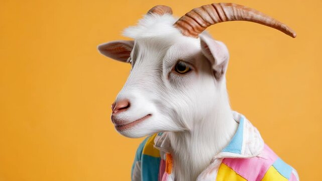 Trendy goat in colorful outfit against vibrant orange background.