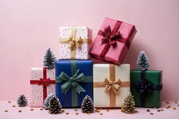 Festive christmas new year background colorful gift boxes and holiday decorations on pink background. New Year's present and Christmas present top view
